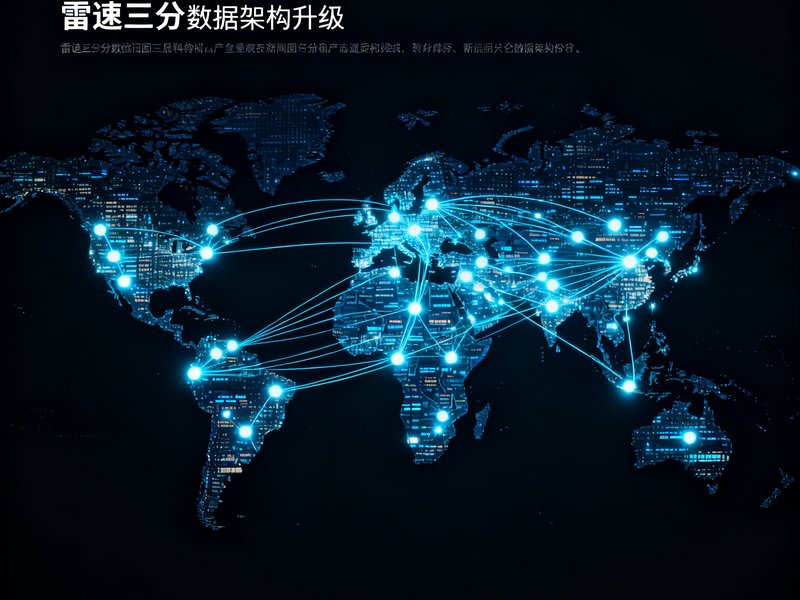 科技新闻配图，深色背景中显示雷速比分数据架构升级的技术图表，发光的节点与数据流线构成全球网络拓扑图